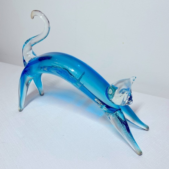 MURANO GLASS Blue Stretching Cat Figurine. - Picture 1 of 6